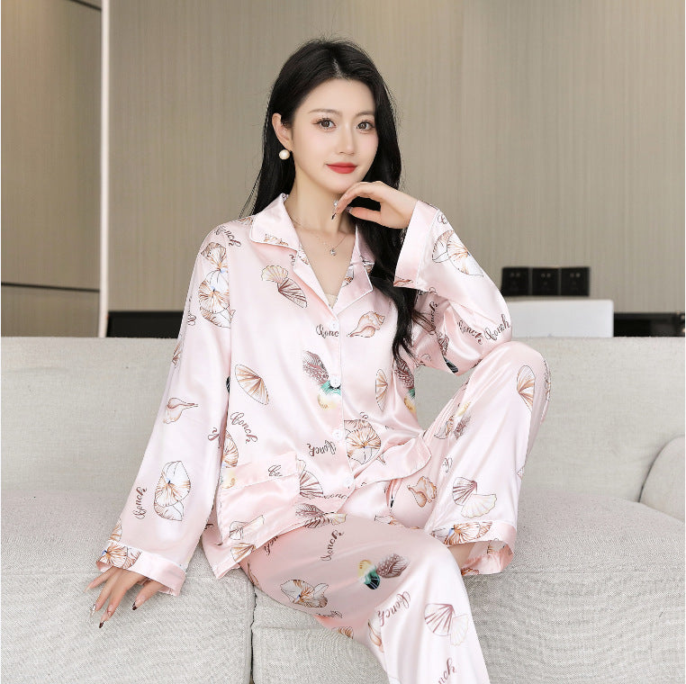 Ice Silk Pajamas Women's Summer Women's suit Long-sleeved Trousers Silk-like Pajamas Casual Light Luxury plus size Home Clothes