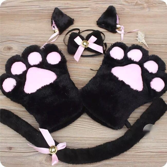 Selling Cute Suit Cat's Paw Gloves 5-piece Set Maid Nekopara Cat's Paw Bow Tie