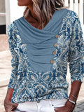 Women's Long-sleeved Lapel Button Loose Print T-shirt Sweater