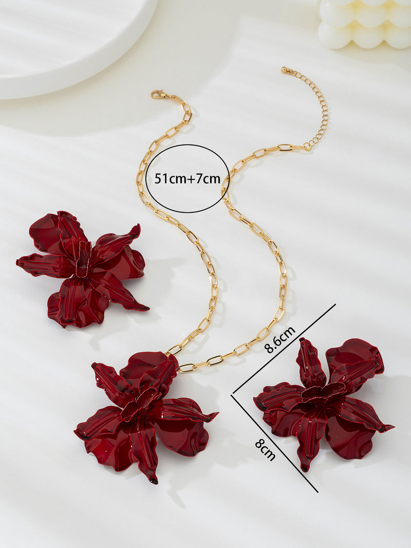 Flower Pendant Necklace and Earrings Set