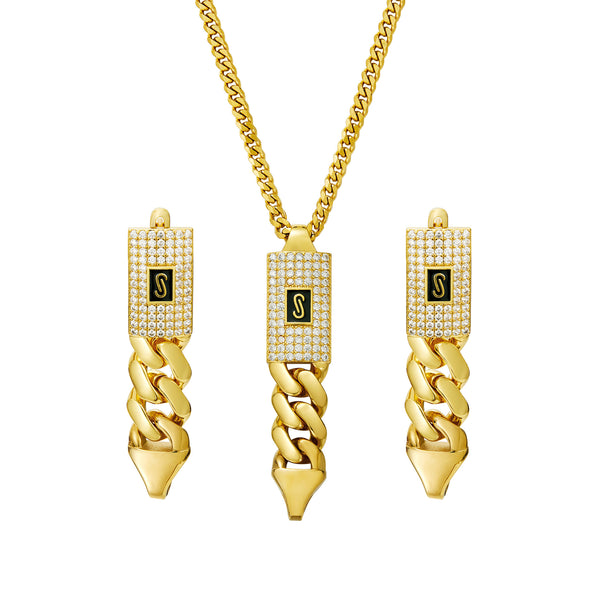 Stainless Steel Cuban Chain Pendant and Earrings Set
