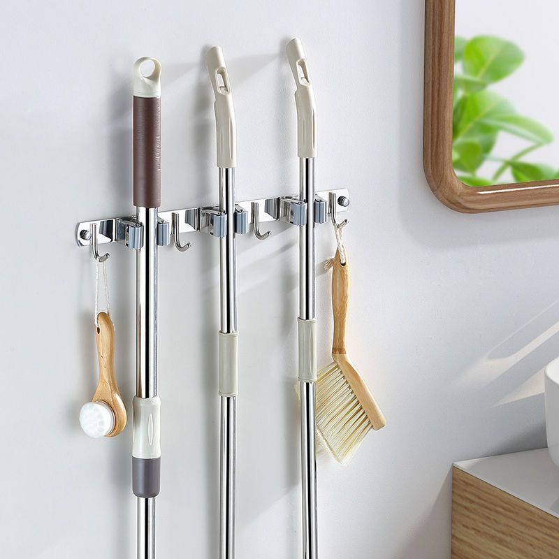 Stainless Steel Wall-Mounted Mop Rack with Hooks and Clips