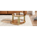 Modern Brown Glass Coffee Table, Asymmetrical Metal, Circular Metal Drum Base, Gold Finish  Lower Shelf