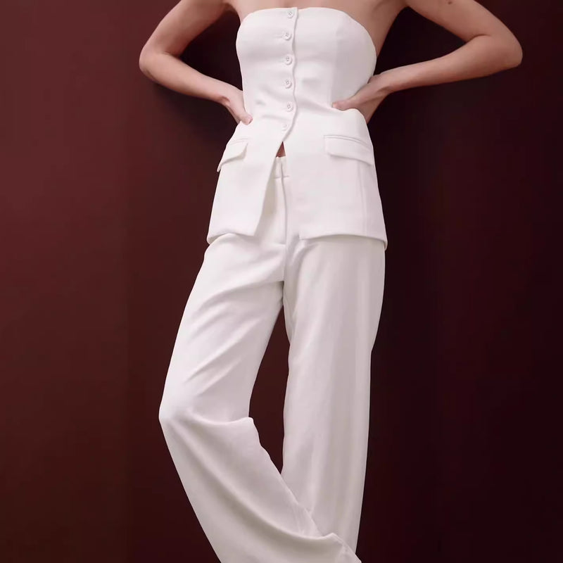 Graceful Tube Top Suit Fashion Button Sleeveless Top And Straight Pants Women's Trousers Set