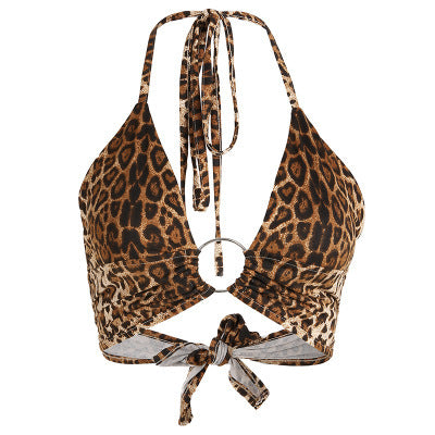 Lace-up backless leopard print bra