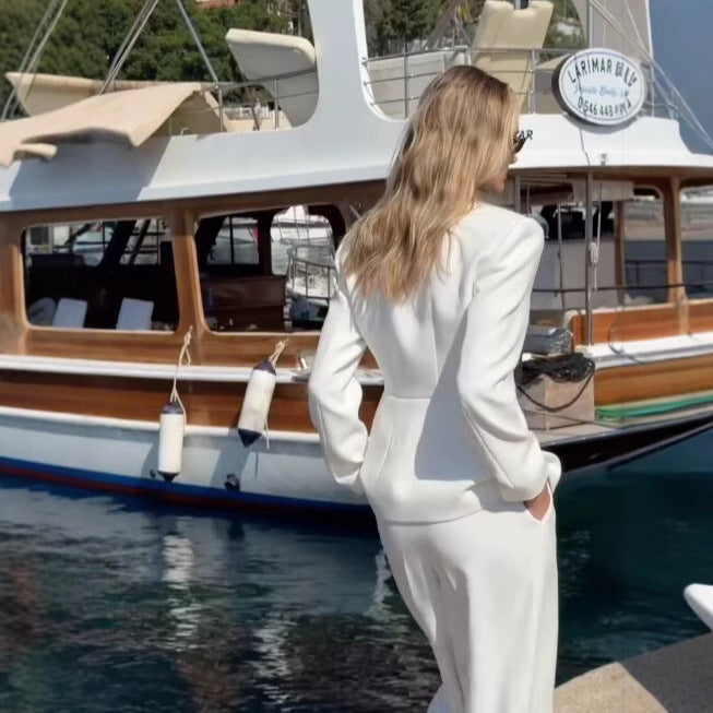 V-neck Suit Coat Straight Wide Leg Pants Two-piece Set