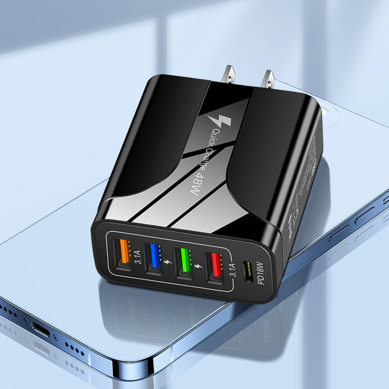 4USB+Type-C mobile phone charger PD18W 5-in-1 charging head 48W charger PD interface charger - TrendTrove