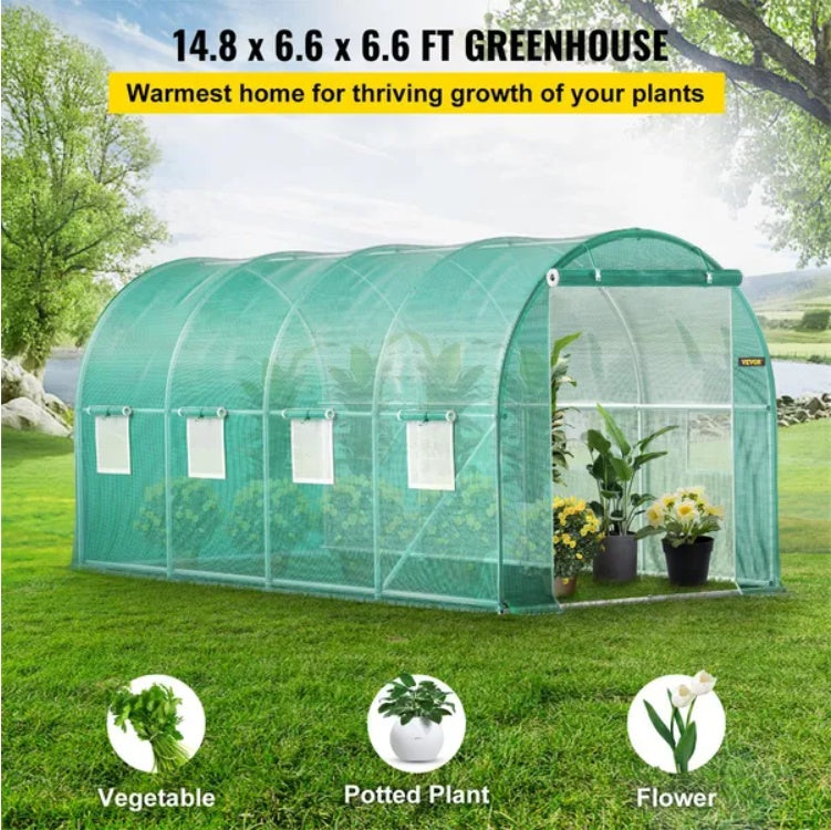 VEVOR Walk-in Tunnel Greenhouse, 14.8 X 6.6 X 6.6 Ft Portable Plant Hot House W  Galvanized Steel Hoops, 1 Top Beam, Diagonal Poles, Zippered Door   8 Roll-up Windows, Green