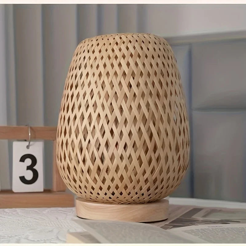 Retro Japanese Style Lamp Bamboo Woven Desk Lamp Handmade Rattan LED Desk Lamp Wooden House Decoration Light - TrendTrove
