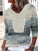 Women's Long-sleeved Lapel Button Loose Print T-shirt Sweater