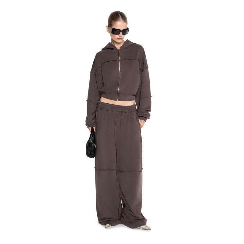 Women's Hooded Zipper Coat and Pants Suit