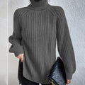 Turtleneck Pullover Sweater With Split Design Fashion Simple Solid Color Long Sleeve Tops Women's Clothing