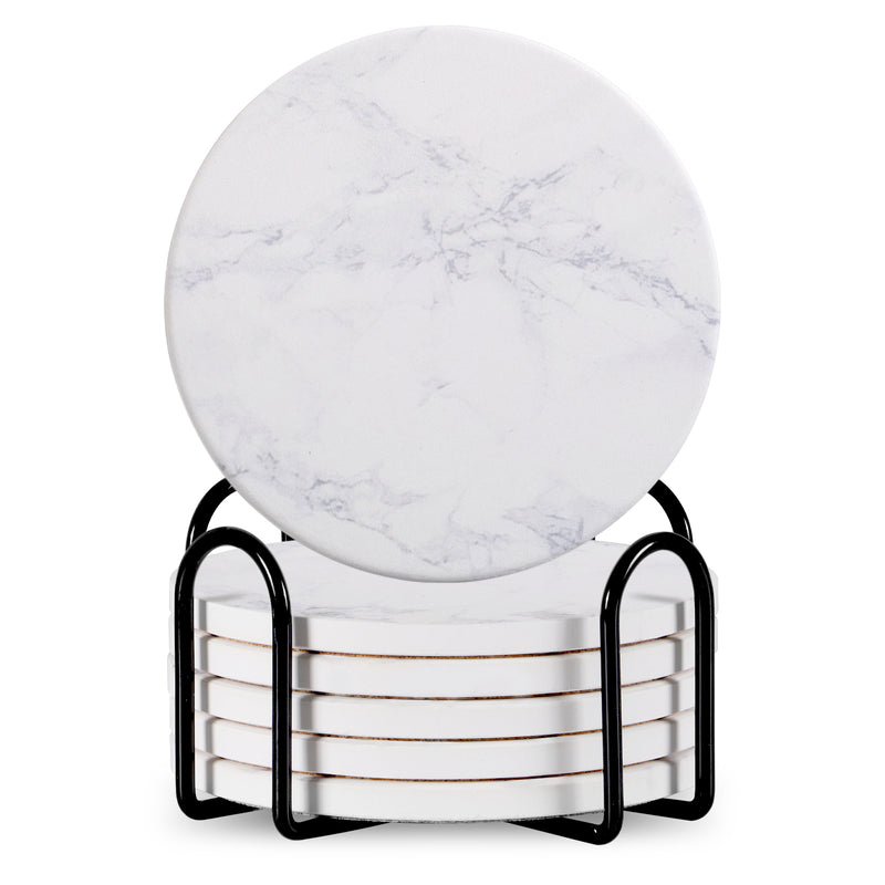 Set Of 6 Beverage Coasters With Stand Round 4in Ceramic Coaster With Metal Stand Absorbent Marble Stone Coaster With Cork Base