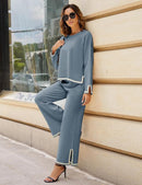 Conjunto de dos piezas de punto para mujer, manga larga, top holgado, pantalones de pierna ancha