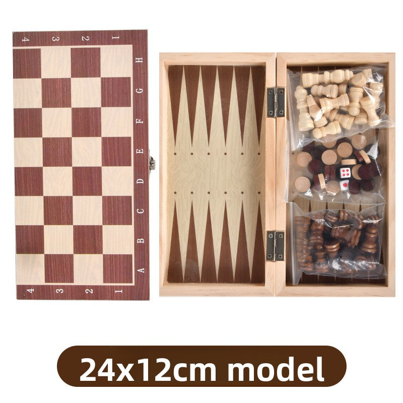 Three-in-One Wooden Chess Checkers Backgammon Board Game Set