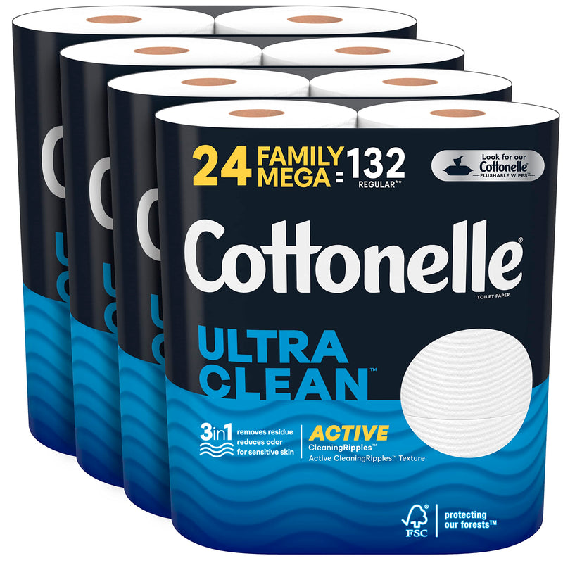 Cottonelle Ultra Clean Toilet Paper with Active CleaningRipples Texture, Strong Bath Tissue, 24 Family Mega Rolls (24 Family Mega Rolls = 132 Regular Rolls) (4 Packs of 6), 353 Sheets per Roll