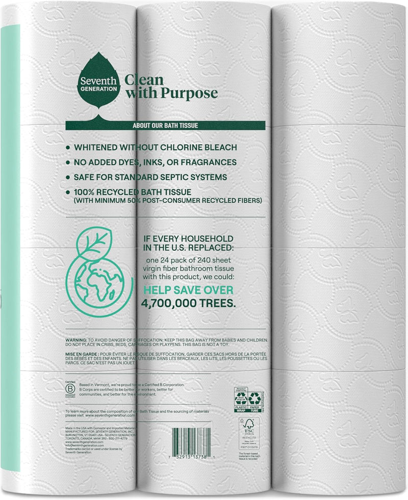 Seventh Generation Toilet Paper White Bathroom Tissue 2-ply 100% Recycled Paper without Chlorine Bleach 24 count, Pack of 2