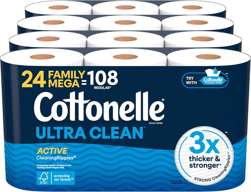 Cottonelle Ultra Clean Toilet Paper with Active CleaningRipples Texture, Strong Bath Tissue, 24 Family Mega Rolls (24 Family Mega Rolls = 132 Regular Rolls) (4 Packs of 6), 353 Sheets per Roll