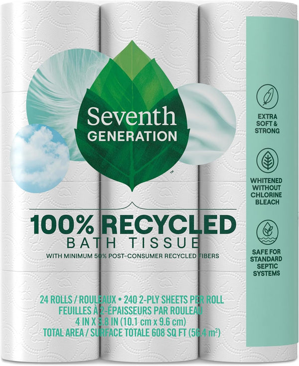 Seventh Generation Toilet Paper White Bathroom Tissue 2-ply 100% Recycled Paper without Chlorine Bleach 24 count, Pack of 2