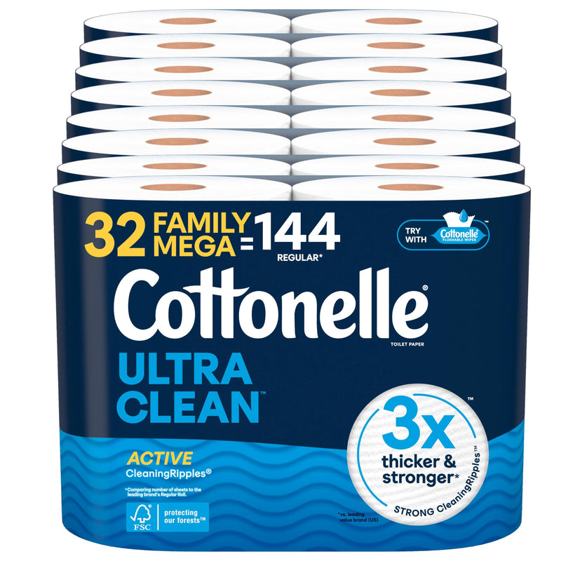 Cottonelle Ultra Clean Toilet Paper with Active CleaningRipples Texture, Strong Bath Tissue, 24 Family Mega Rolls (24 Family Mega Rolls = 132 Regular Rolls) (4 Packs of 6), 353 Sheets per Roll