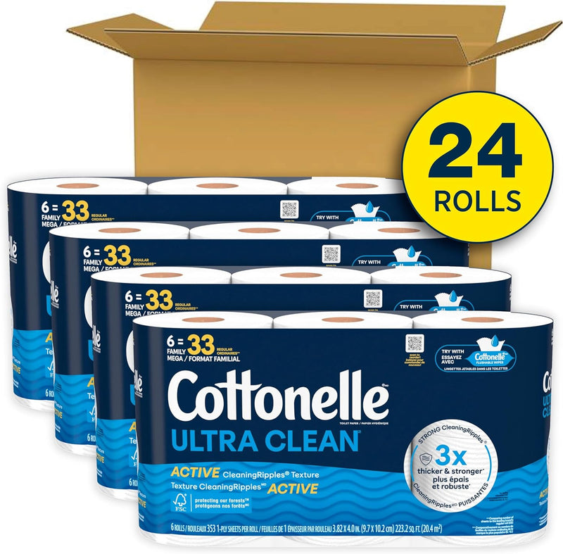 Cottonelle Ultra Clean Toilet Paper with Active CleaningRipples Texture, Strong Bath Tissue, 24 Family Mega Rolls (24 Family Mega Rolls = 132 Regular Rolls) (4 Packs of 6), 353 Sheets per Roll