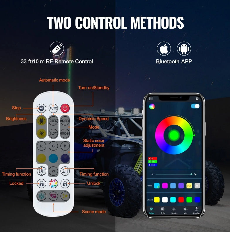 2 PCS 3 FT Whip Light With Spring Base, Led Whip Light With APP & Remote Control, Waterproof Spiral RGB Chasing Lighted Whips With 2 Flags, For UTVs, ATVs, Motorcycles, RZR, Can-am, Go-kart