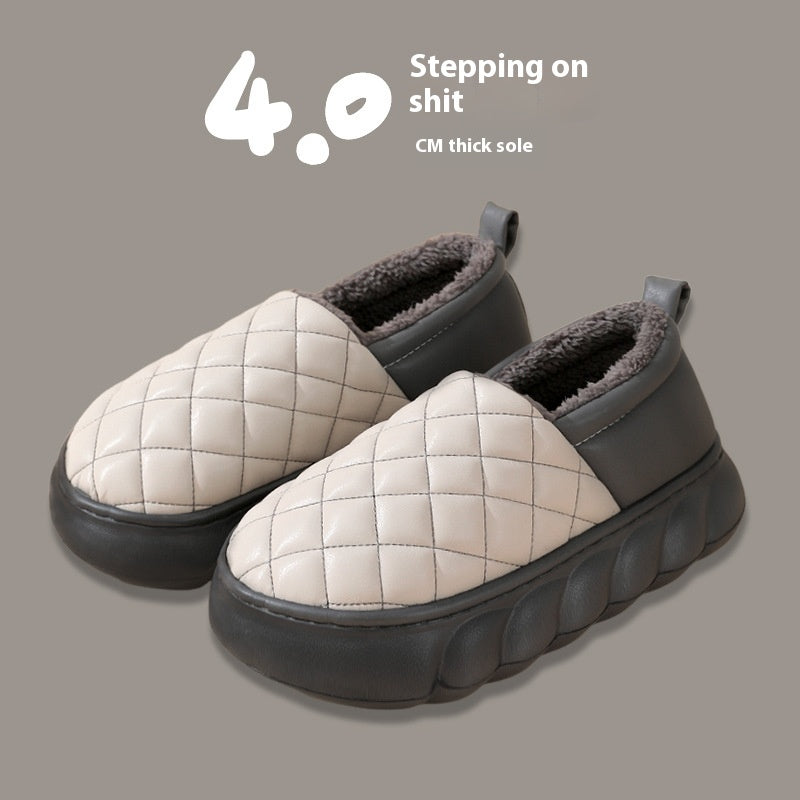 Ankle Wrap Cotton Slippers Women's Winter Thick-soled Home PU Leather Waterproof Slippers