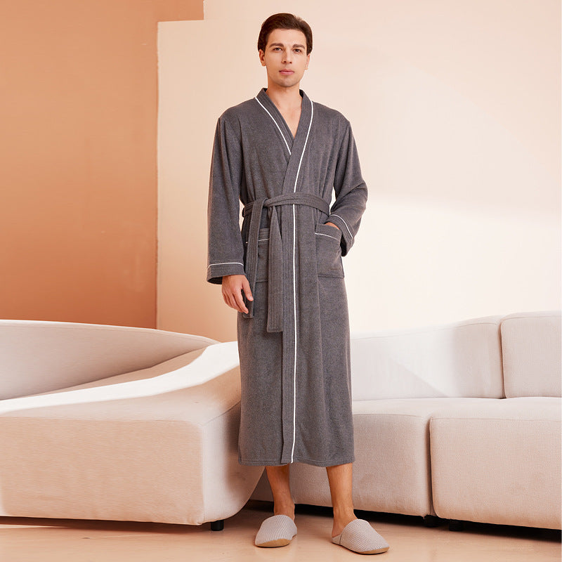 Bathrobe men's and women's towel fabric yukata long sleeved bath towel sleeping robe absorbent quick drying four season style - TrendTrove