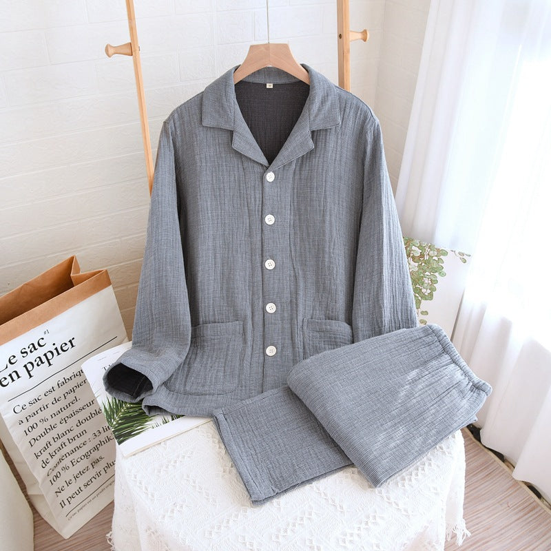 Women's sleepwear made of pure cotton with four layers of gauze, suitable for couples in spring, autumn, and winter. Men's casual plus size set - TrendTrove