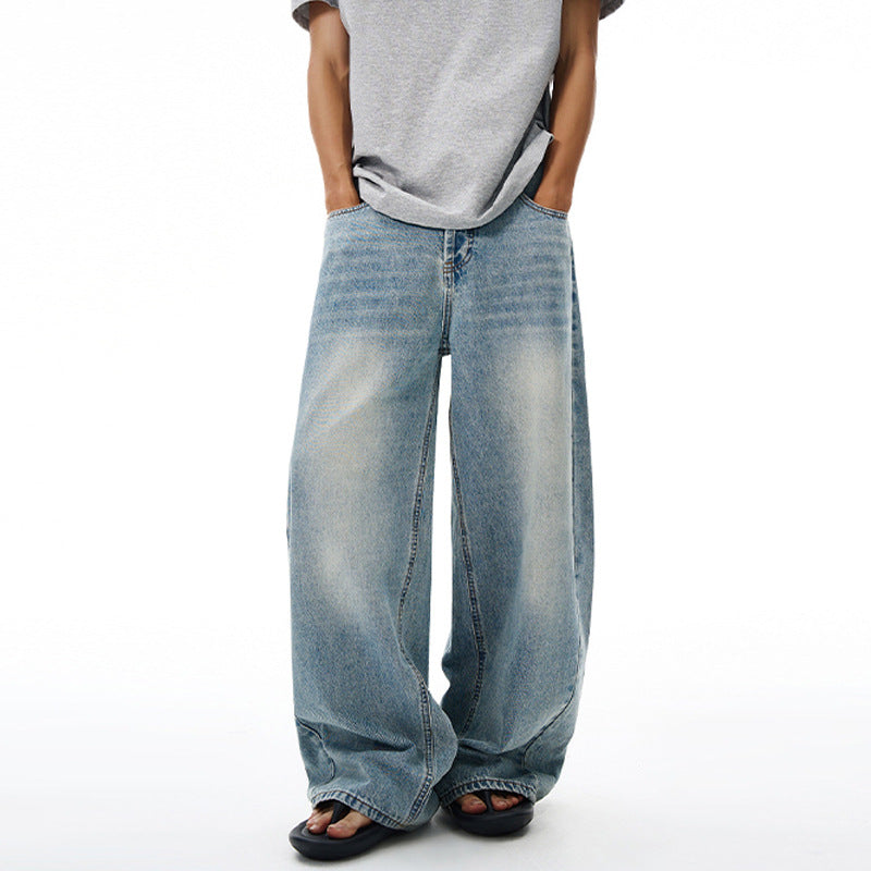 Vintage Wash Wide Leg Denim Pants for Men
