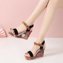 Ethnic Print Buckle Strap Wedge Sandals for Women