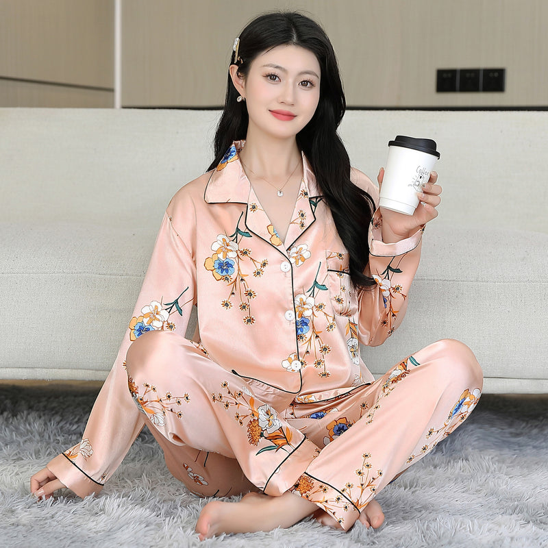 Ice Silk Pajamas Women's Summer Women's suit Long-sleeved Trousers Silk-like Pajamas Casual Light Luxury plus size Home Clothes