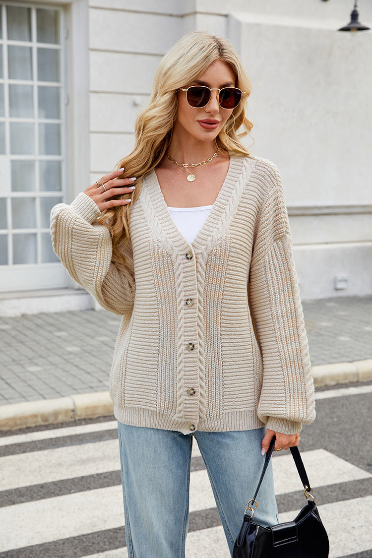 Loose V-Neck Cable Knit Sweater Cardigan