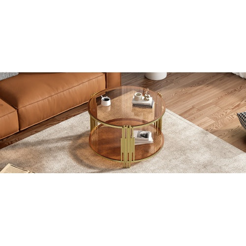 Modern Brown Glass Coffee Table, Asymmetrical Metal, Circular Metal Drum Base, Gold Finish  Lower Shelf