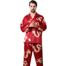 Simulated silk couple sleepwear new long sleeved set men's and women's V-neck silk printed dragon and phoenix home clothes - TrendTrove