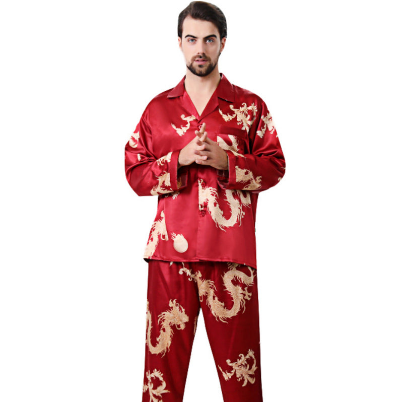 Simulated silk couple sleepwear new long sleeved set men's and women's V-neck silk printed dragon and phoenix home clothes - TrendTrove