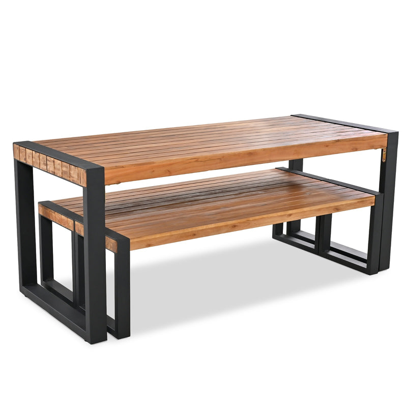 GO 3-pieces Outdoor Dining Table With 2 Benches, Patio Dining Set With Unique Top Texture, Acacia Wo