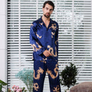 Simulated silk couple sleepwear new long sleeved set men's and women's V-neck silk printed dragon and phoenix home clothes - TrendTrove