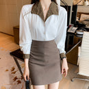 Satin Design Long-sleeved Temperament Draped Flower Shirt Top