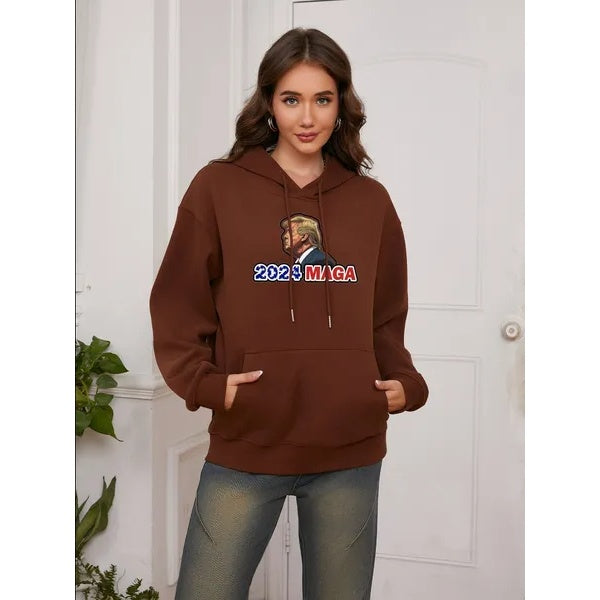 Women Basic Sweatshirt Casual Hooded Sweatshirt Autumn Winter Padded Long Sleeve Trump Maga 2024 Printed Top Oversize
