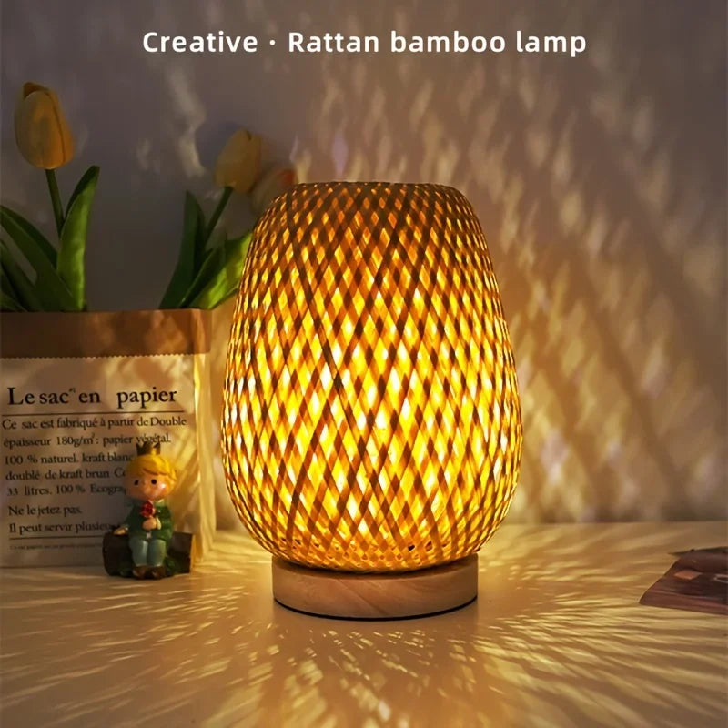 Retro Japanese Style Lamp Bamboo Woven Desk Lamp Handmade Rattan LED Desk Lamp Wooden House Decoration Light - TrendTrove
