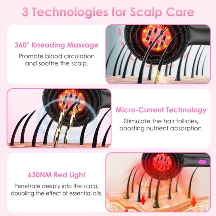 3 In 1 Red Light Scalp Massager Brush Cordless Hair Oil Applicator Massage Comb With 3 Modes Rechargeable IPX7 Waterproof