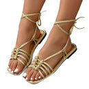 صندل نسائي مسطح من القماش المنسوج بحلقة للكاحل مفتوح الأصابع