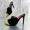 صنادل بناتية سوداء بأشرطة ذهبية، بمقدمة مستديرة وخمسة أصابع، بكعب عالٍ وكعب مجوف من جلد الغزال الصيفي، أحذية أنيقة للشارع، أحذية صيفية أنيقة