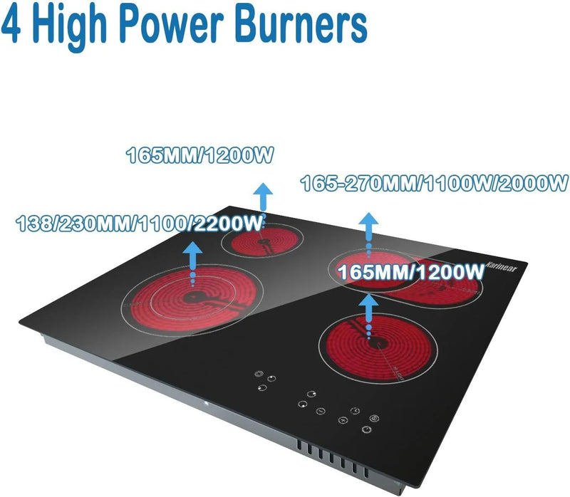 Karinear has a ceramic stove with 4 built-in burners, dual expandable areas, integrated electric table, touch control, timer