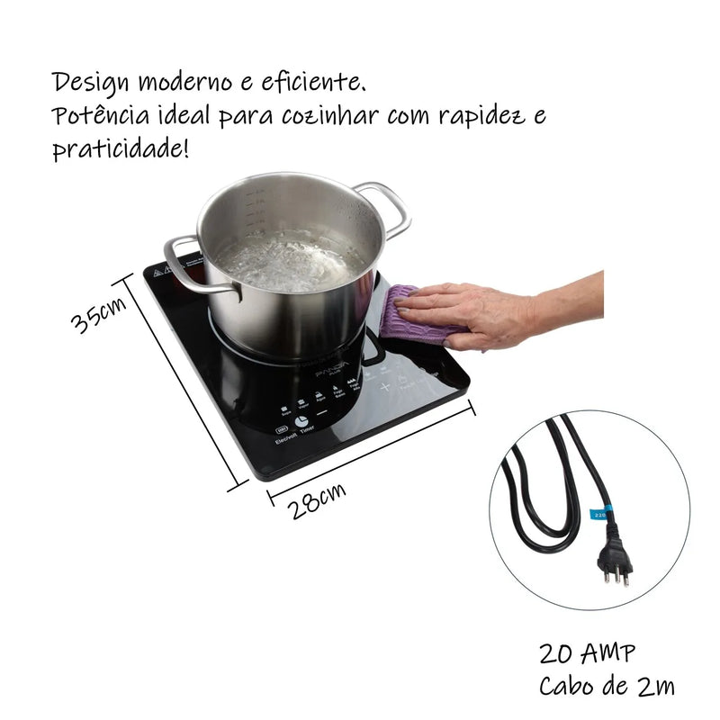 Cooktop de Indução PandaPlus Cheff Gourmet 1 Boca 2000W, Preto Bivolt, Portátil e Compacto, com Controle de Temperatura