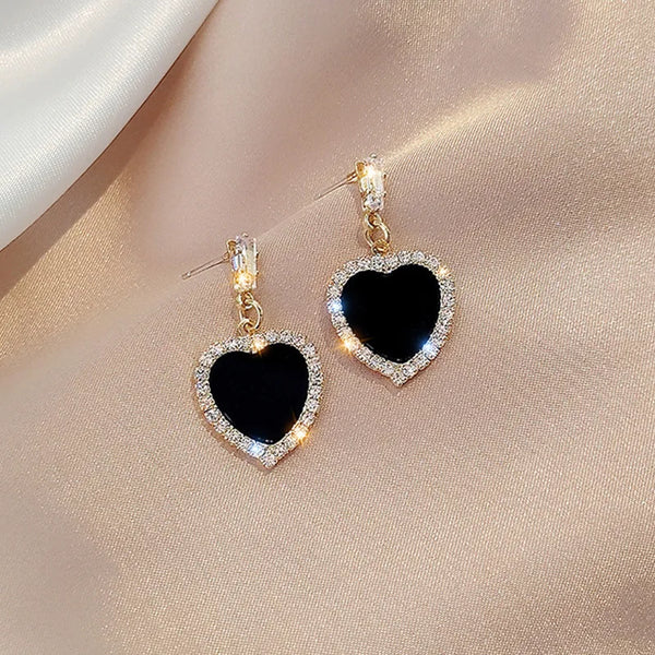 Korean New Black Heart Rhinestone Drop Earring for Women Shining Zircon Geometric Dangle Earring Wedding Party Exquisite Jewelry