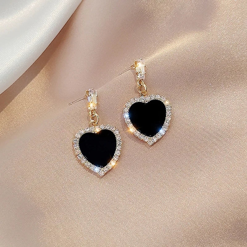 Korean New Black Heart Rhinestone Drop Earring for Women Shining Zircon Geometric Dangle Earring Wedding Party Exquisite Jewelry