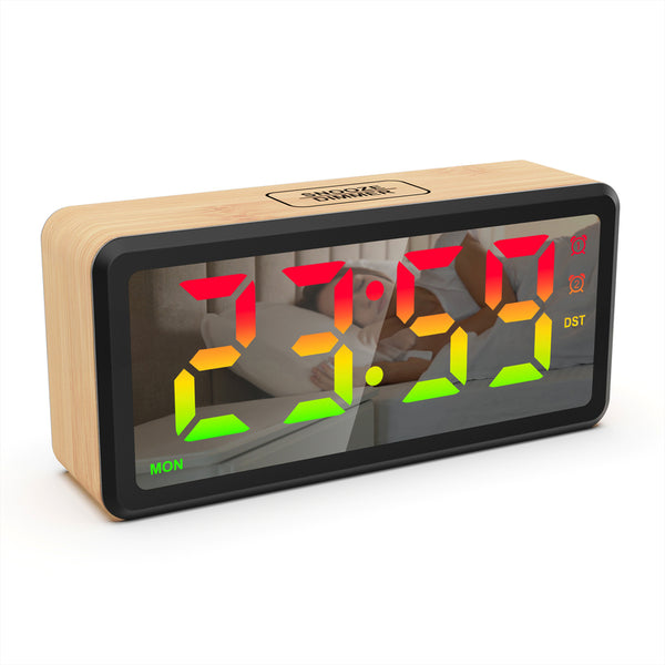 LED Wood-Grain Wooden Clock, RGB Color-Changing Dimming, Daylight Saving Time & Week Display, Desktop Electronic Alarm Clock - TrendTrove