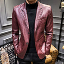 Fashion business casual suit collar men's leather jacket PU motorcycle slim fit leather jacket men's clothing